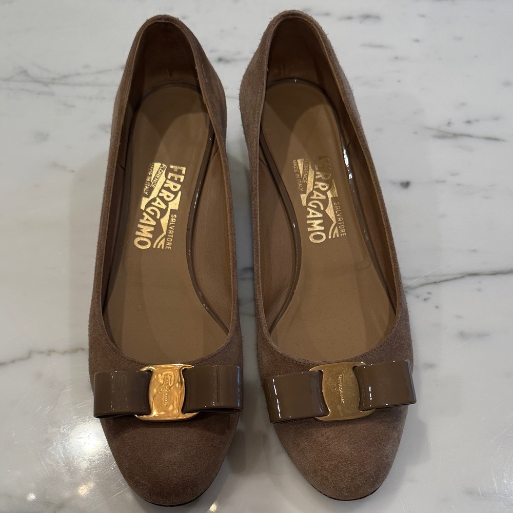 Salvatore Ferragamo Taupe Suede Flats with Gold Accent